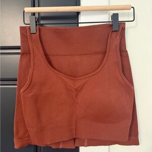 Rust Ribbed Tank Top/Bra and biker shorts Set